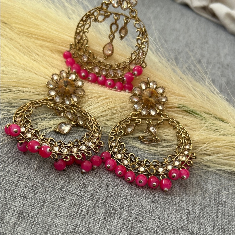 Elegant Gold and Pink Floral Earrings Indian jewelry